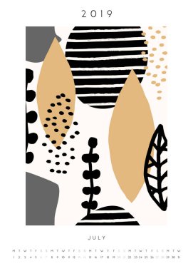 Yazdırılabilir Temmuz takvimi şablonunu, soyut ve organik şekilleri ile kolaj stil tasarım 