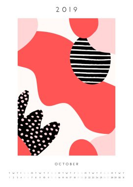 Yazdırılabilir Ekim takvimi şablonunu, soyut ve organik şekilleri ile tasarım 