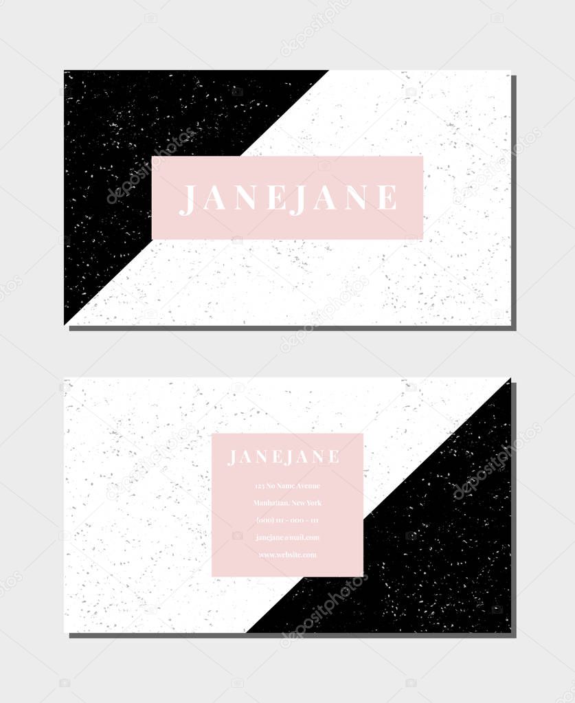 Business card template in pastel pink, black and white, 3,5x2, front and back. Feminine and modern minimalist design, geometric style, speckled texture.