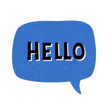 Merhaba - vintage tarzı tipografik tasarım, siyah ve beyaz, koyu mavi konuşma balonu, metinde beyaz arka plan üzerinde izole. Duvar sanatı, tebrik kartı, t-shirt, sosyal medya mesaj tasarım.