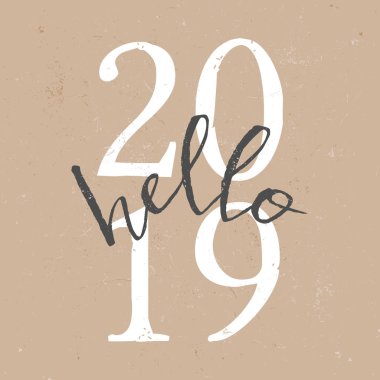 Tipografik Tasarım 2019 beyaz ve kahverengi craft Kağıt arka plan üzerinde için kare tebrik kartı şablonu. Modern ve minimalist kartpostal, sosyal medya mesaj, bloglama, poster tasarımı.