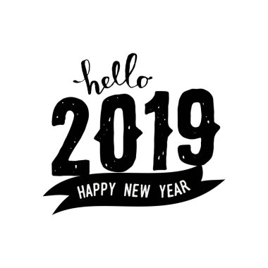 Beyaz arka planda siyah giyen 2019 için tipografik tasarım şablonuyla tebrik kartı