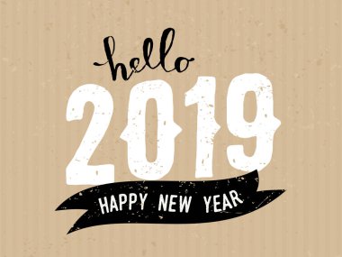 Beyaz ve siyah craft Kağıt arka plan üzerinde 2019 için tipografik tasarım şablonuyla tebrik kartı