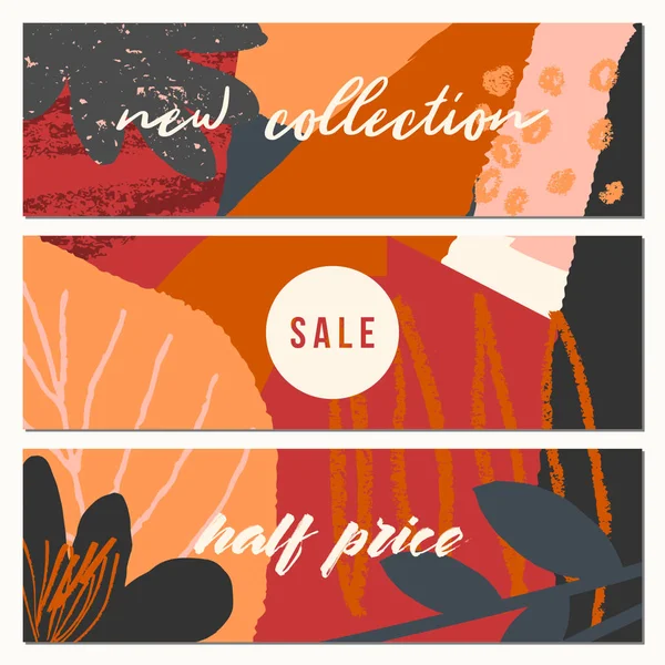 Autumn Sale Banner Design Abstract Shapes Leaves Orange Yellow Pink — Stock Vector