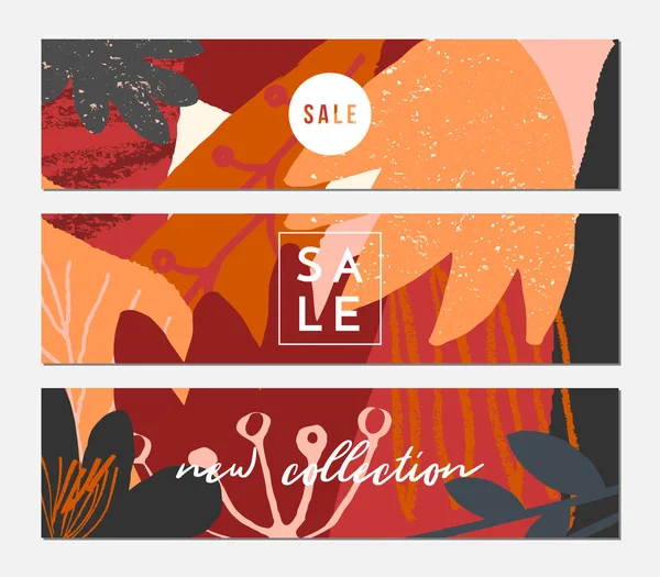 Autumn Sale Banner Design Abstract Shapes Leaves Orange Yellow Pink — Stock Vector