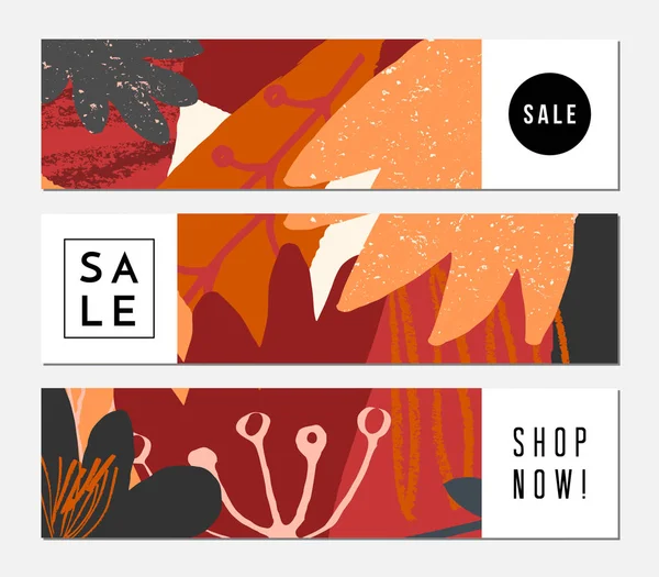 Autumn Sale Banner Design Abstract Shapes Leaves Orange Yellow Pink — Stock Vector