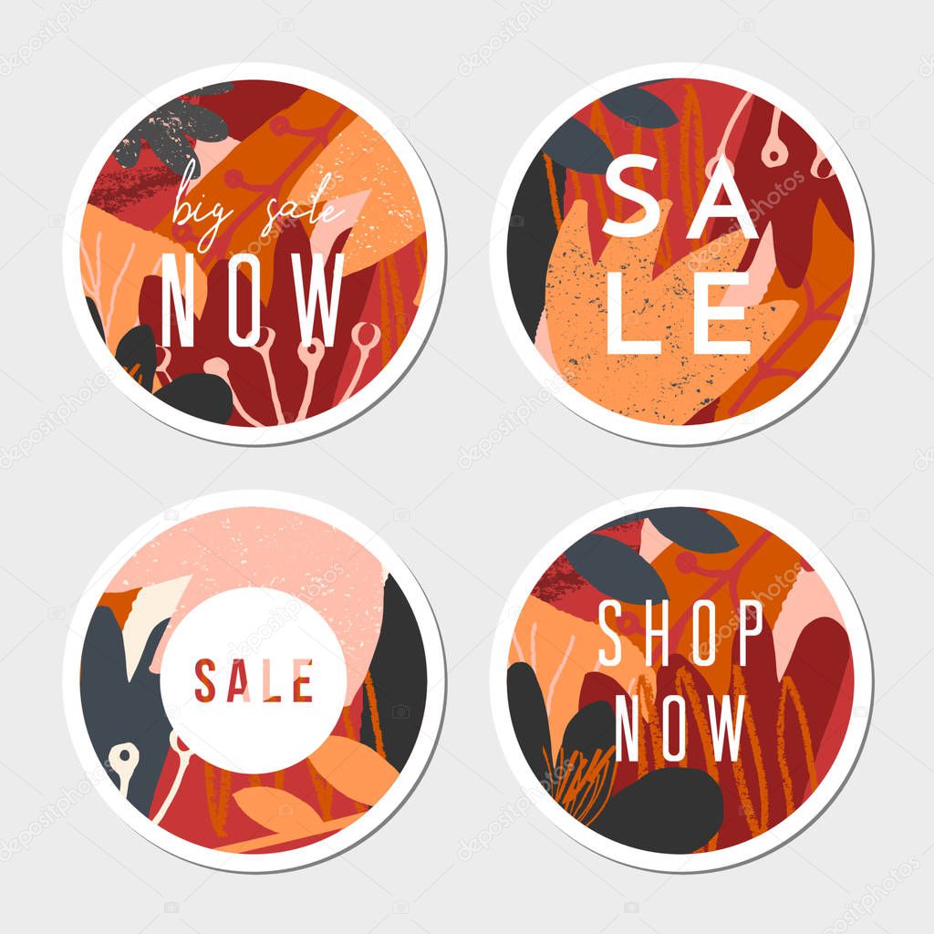 autumn design round stickers with abstract shapes and leaves in orange, yellow, pink, red and brown on light gray background
