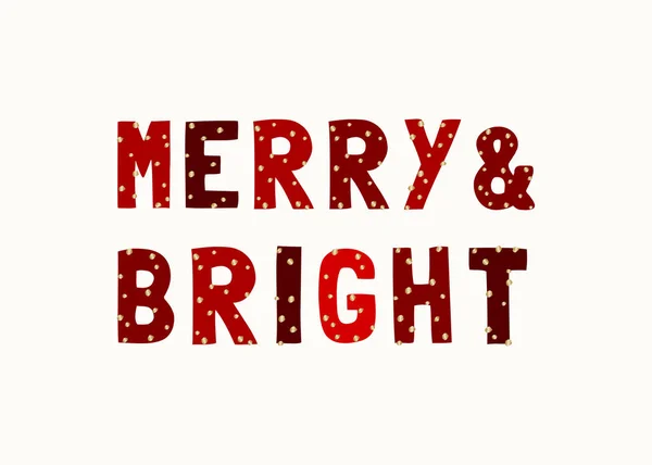 Κείμενο Merry Bright Γραμμένο Κόκκινα Γράμματα Διακοσμημένα Χρυσές Βούλες — Διανυσματικό Αρχείο