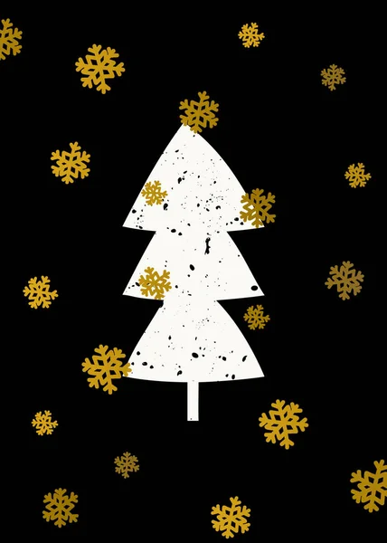 Juldesign Träd Och Gyllene Snöflingor Svart Bakgrund — Stock vektor