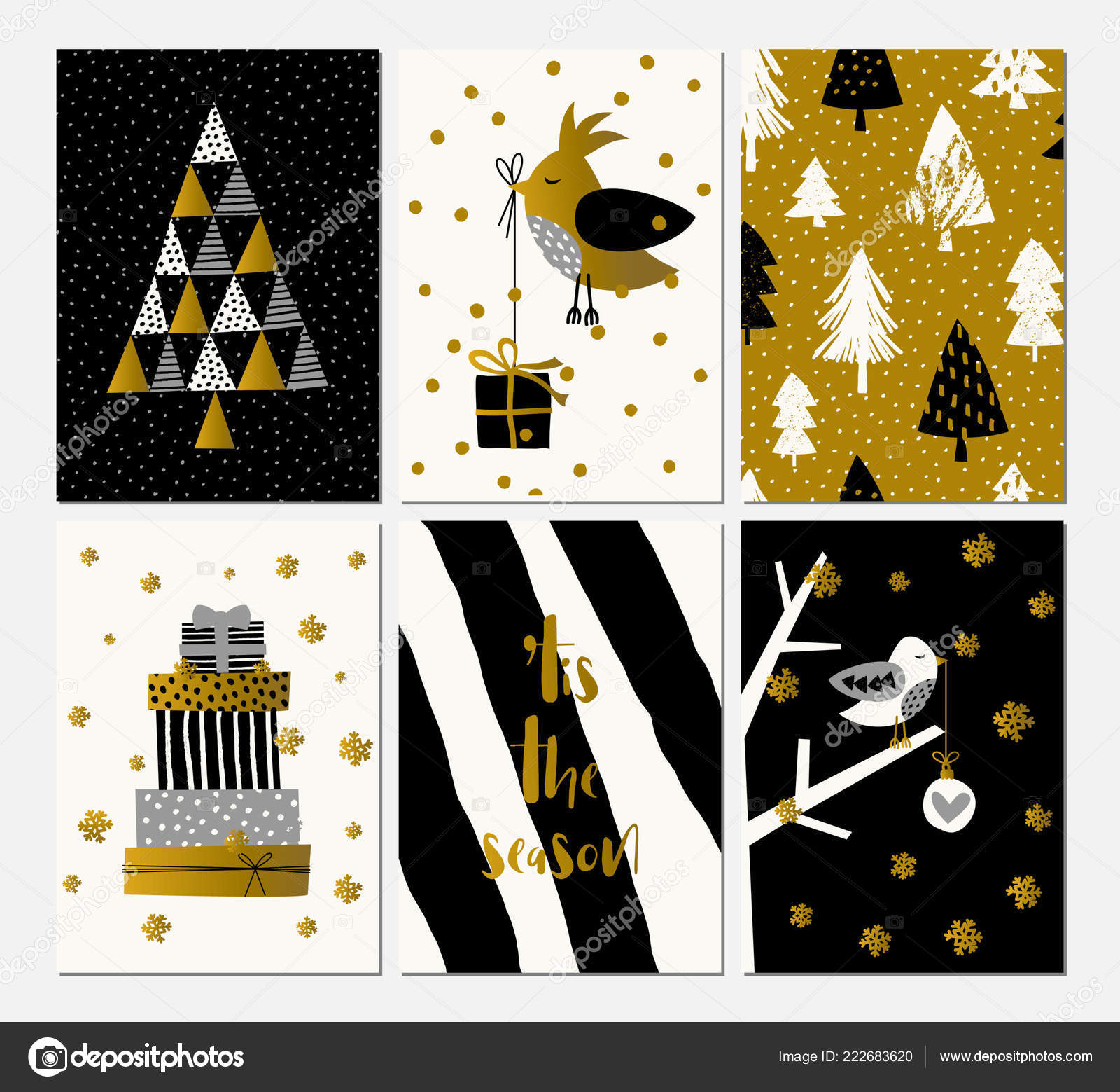 Set Six Christmas Designs Black White Gold Cute Modern Greeting Stock Vector C Ivaleks 222683620