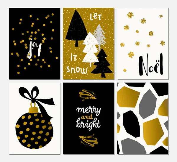 一套黑色 白色和金色的六种圣诞设计 可爱和现代贺卡 墙面艺术 包装设计 — 图库矢量图片
