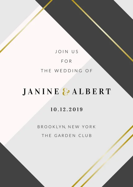 Bruiloft Uitnodiging Sjabloon Met Geometrische Elementen Zwart Grijs Goud Decoratie — Stockvector