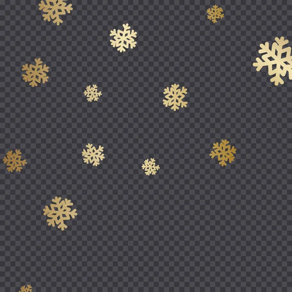 Gouden Sneeuwvlokken Donkere Transparantie Raster Achtergrond Feestelijke Vector Overlay Decoratief — Stockvector