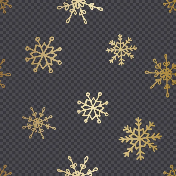 Golden Hand Drawn Snowflakes Isolated Dark Transparency Grid Background Festive — Stock Vector