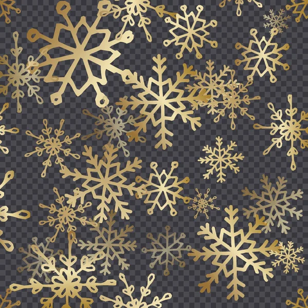 黄金の手は 暗い透明グリッドの背景に雪の結晶を描画されます お祝いベクトル オーバーレイ 装飾的な要素 グリーティング カードやポスター デザイン — ストックベクタ