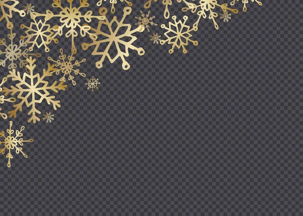 Fiocchi Neve Disegnati Mano Oro Isolati Sfondo Scuro Griglia Trasparente — Vettoriale Stock