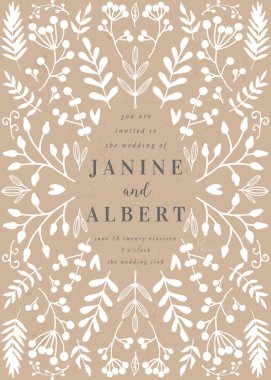 Düğün davet şablonu ile Kağıt arka plan beyaz el sanatları üzerinde çizilmiş çiçek öğeleri el ile metin düzeni örnek. 