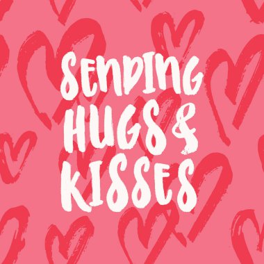 Gönderme Hugs ve öper. Sevgililer günü tebrik kartı şablon baskı tasarım ve pembe bir arka plan üzerinde kırmızı kalpler.