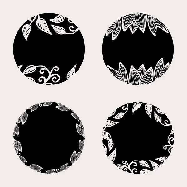 Ensemble Quatre Cadres Ronds Avec Des Éléments Floraux Noir Rose — Image vectorielle