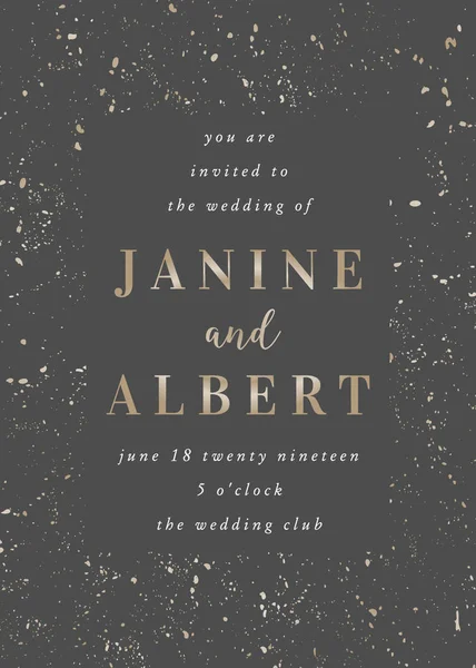 暗い灰色の背景とサンプル テキスト レイアウトに金色の斑点の結婚式招待状のテンプレート — ストックベクタ