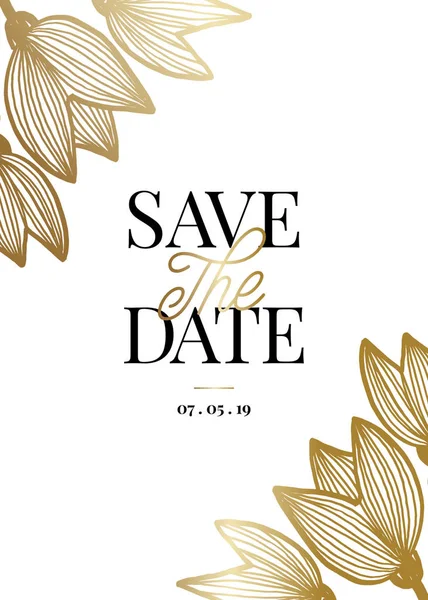 Date Template Golden Tulip Blossoms Sample Text Layout White Background — Stock Vector