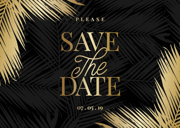 Date Template Golden Palm Leaf Shapes Sample Text Layout Black — Stock Vector