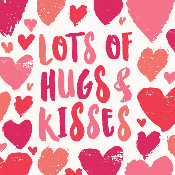 多くの抱擁とキス カラフルな文字体裁デザイン 白い背景の上の心でバレンタインのグリーティング カード テンプレート — ストックベクタ