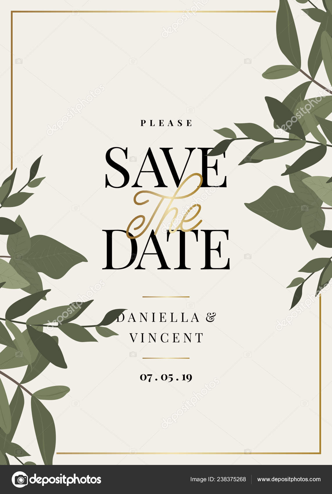 Date Template Green Eucaliptus Branches Sample Text Layout Cream Background  Stock Vector Image by ©ivaleks #238375268