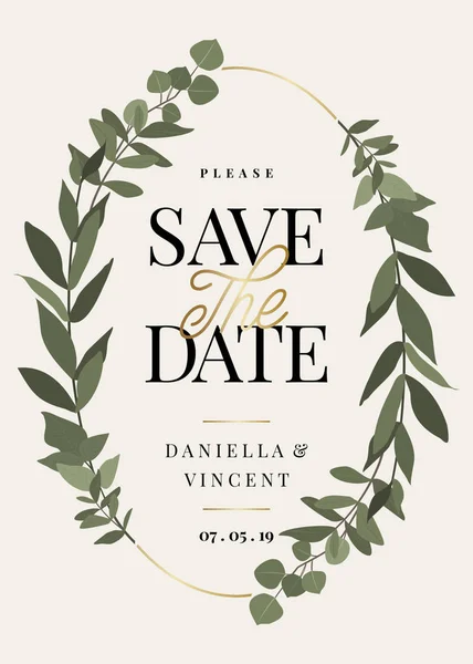 Date Template Green Eucaliptus Branches Sample Text Layout Cream Background — Stock Vector