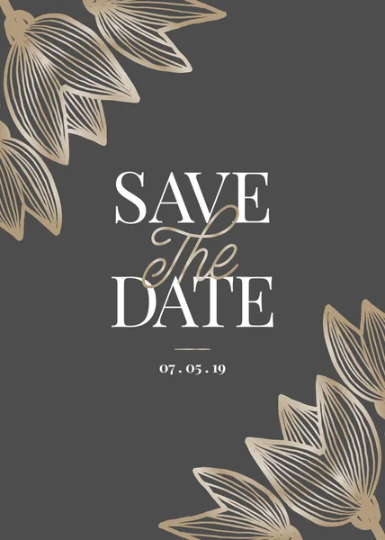 Date Template Golden Tulip Blossoms Sample Text Layout Dark Gray — Stock Vector