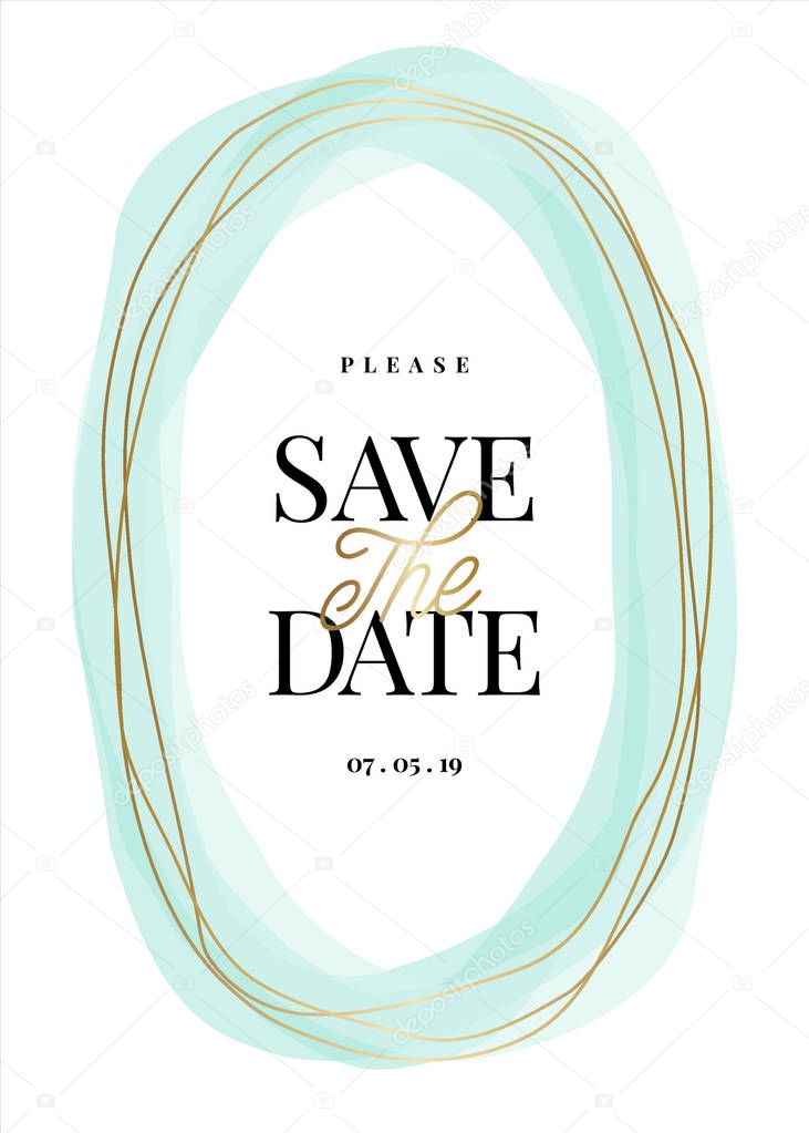 Save the Date template with golden and light blue decoration and sample text layout on white background. Elegant and creative vector wedding invitation, bridal shower, thank you card design.