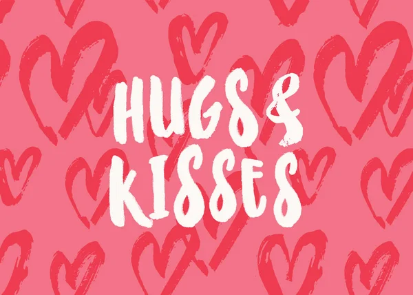 拥抱和亲吻 情人节贺卡模板 有排版设计和粉红色背景上的红心 可爱和俏皮的矢量浪漫卡 墙面艺术设计 — 图库矢量图片