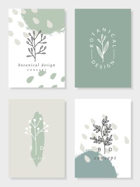 Pastel yeşil, bej, gri ve beyaz dört modern ve zarif botanik kartı tasarım kümesi. Minimalist doğa vektör çizim esin kaynağı oldu. Ambalaj, logo, marka, düğün ve ev dekorasyonu için mükemmel.