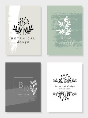 Pastel yeşil, bej, gri ve beyaz dört modern ve zarif botanik kartı tasarım kümesi. Minimalist doğa vektör çizim esin kaynağı oldu. Ambalaj, logo, marka, düğün ve ev dekorasyonu için mükemmel.