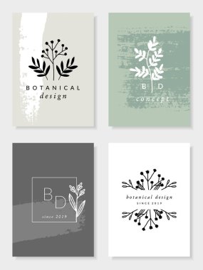 A set of four modern and elegant botanical card designs in pastel green, beige, gray and white. Minimalist nature inspired vector illustration. Perfect for packaging, logos, branding, weddings and home decor. clipart