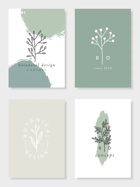 Conjunto Cuatro Diseños Tarjetas Botánicas Modernas Elegantes Verde Pastel Beige — Archivo Imágenes Vectoriales