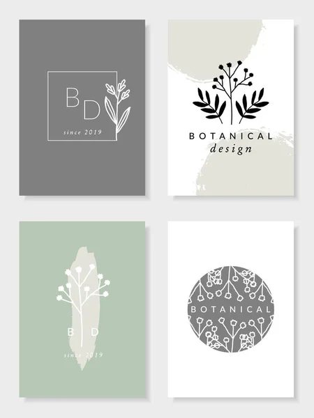 Set Four Modern Elegant Botanical Card Designs Pastel Green Beige — Stock Vector