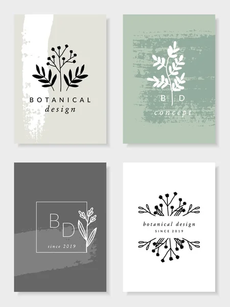 Set Four Modern Elegant Botanical Card Designs Pastel Green Beige — Stock Vector