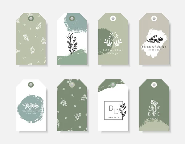 Set Eight Modern Elegant Botanical Tag Designs Pastel Green Beige — Stock Vector