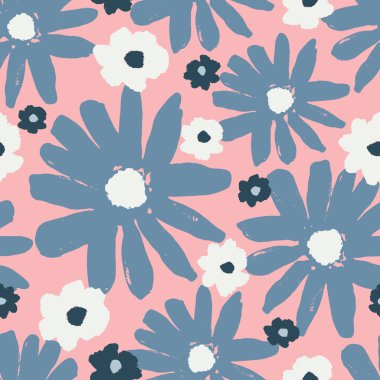 El ile sorunsuz yinelenen desen çiçek çiçek ve dalları pembe, mavi ve beyaz boyalı. Çizilmiş vektör çizim, kumaşlar oluşturma, tebrik kartları, kağıt ambalaj, ambalaj için mükemmel el.