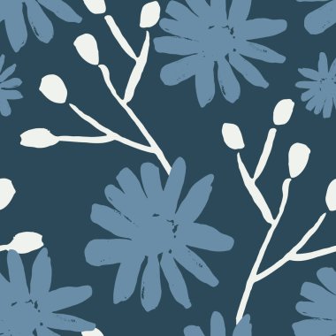 El ile sorunsuz yinelenen desen çiçek çiçek mavi, Deniz Kuvvetleri ve beyaz boyalı. Çizilmiş vektör çizim, kumaşlar oluşturma, tebrik kartları, kağıt ambalaj, ambalaj için mükemmel el.