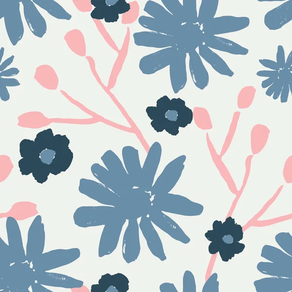Nahtlos Wiederholendes Muster Mit Handbemalten Blüten Pastellrosa Blau Marine Und — Stockvektor