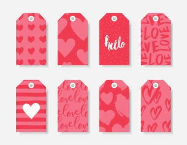 Kırmızı, pastel pembe ve beyaz kategorisinde sekiz sevimli romantik hediye etiket şablon kümesi. Sevgililer günü / iyilik düğün, doğum günü hediyesi etiket vektör tasarımları.