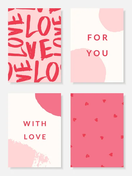 Set Four Cute Modern Romantic Card Designs Pastel Pink Red — Stock Vector