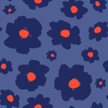 El ile sorunsuz yinelenen desen çiçek çiçek kırmızı, mavi ve Deniz Kuvvetleri boyalı. Çizilmiş vektör çizim, kumaşlar oluşturma, tebrik kartları, kağıt ambalaj, ambalaj için mükemmel el.