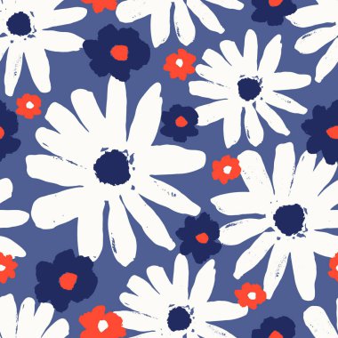 El ile sorunsuz yinelenen desen çiçek çiçek kırmızı, mavi ve beyaz boyalı. Çizilmiş vektör çizim, kumaşlar oluşturma, tebrik kartları, kağıt ambalaj, ambalaj için mükemmel el.