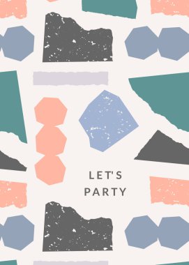 Yırtık kağıt parçaları pastel renkler ve metin Hadi parti tebrik kartı şablonu. Oynak ve modern kolaj stil poster, hediye paketi, broşür tasarım.