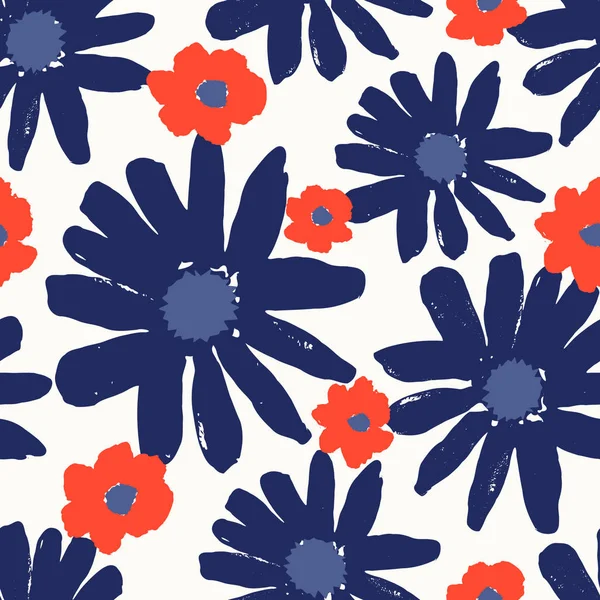 Bezproblémové Opakující Vzorek Ručně Malované Květiny Květy Červené Modré Námořnictvo — Stockový vektor