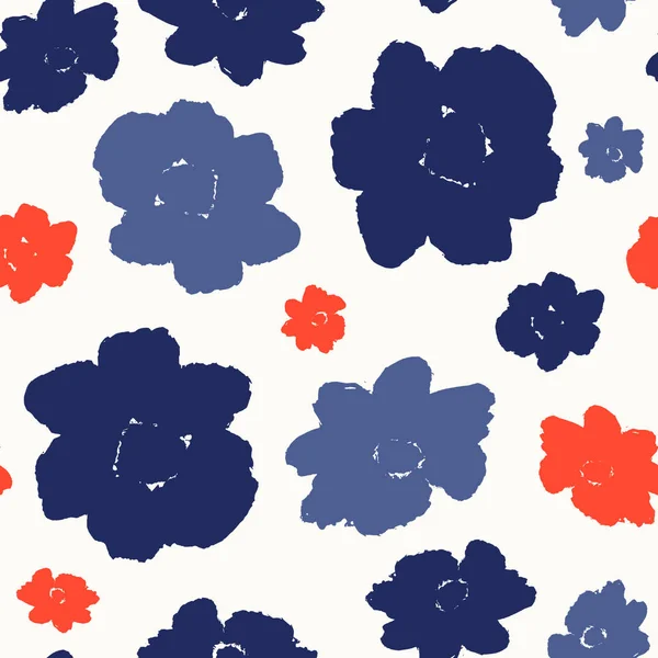 Nahtlos Wiederholendes Muster Mit Handbemalten Blüten Rot Blau Marine Und — Stockvektor