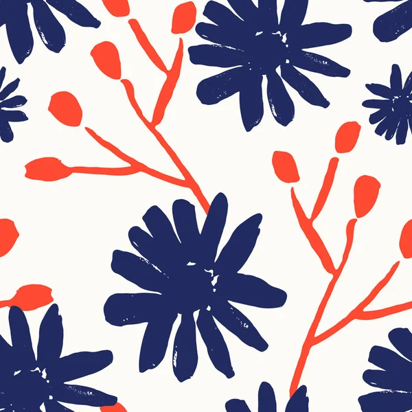 无缝重复的图案与手绘花和树枝在红色 蓝色和白色 手绘矢量插图 完美的创建面料 包装纸 — 图库矢量图片